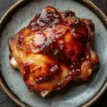 Keto baked bbq chicken thighs - the image shows a plate of food on a wooden table. the plate is round and has a light grey color with a brown rim. on top of the plate, there is a piece of cooked meat covered in a thick, red sauce. the sauce appears to be thick and thick, with a glossy texture. the meat is golden brown and looks crispy on the outside. the dish looks appetizing and ready to eat.