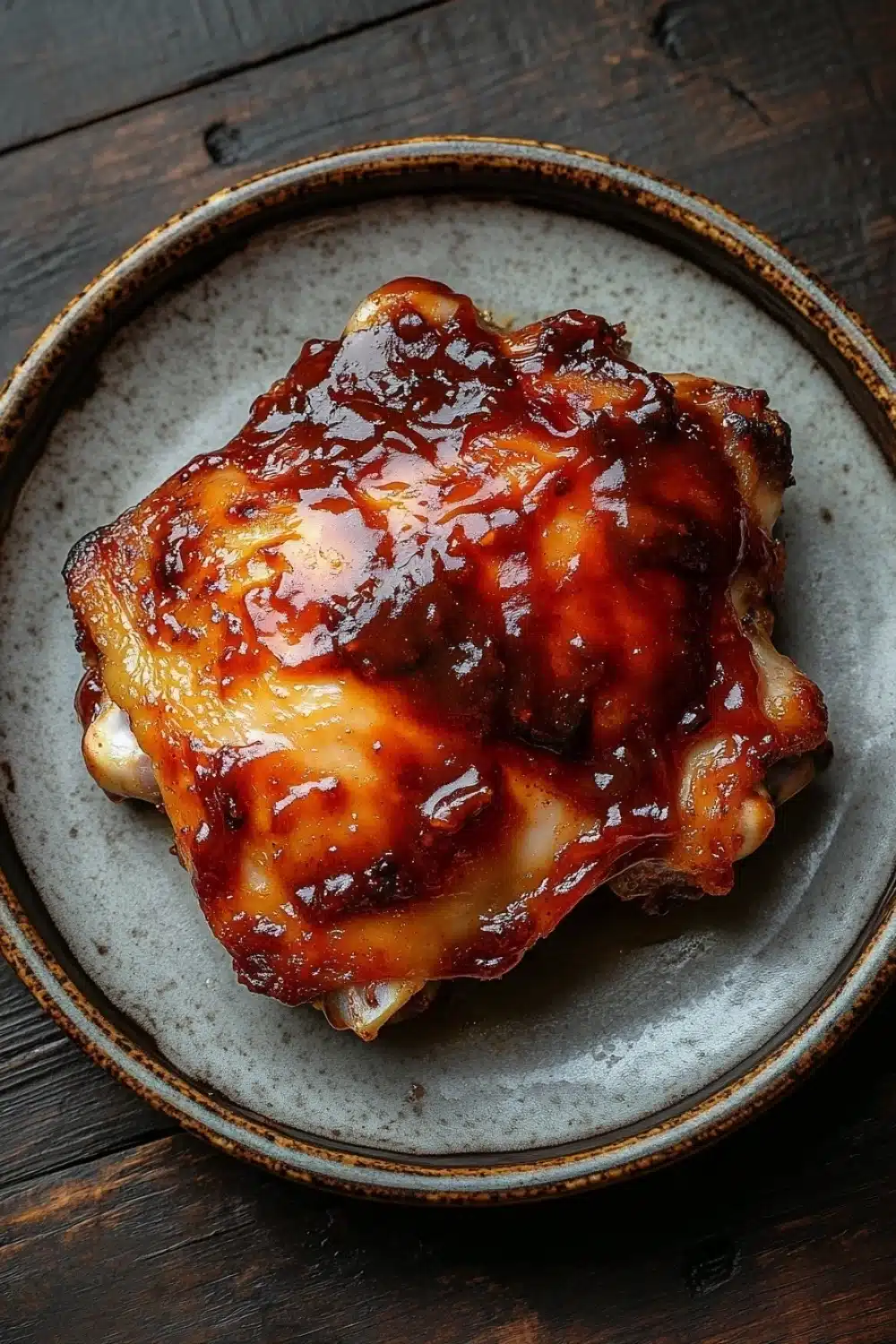 Keto baked bbq chicken thighs - the image shows a plate of food on a wooden table. the plate is round and has a light grey color with a brown rim. on top of the plate, there is a piece of cooked meat covered in a thick, red sauce. the sauce appears to be thick and thick, with a glossy texture. the meat is golden brown and looks crispy on the outside. the dish looks appetizing and ready to eat.