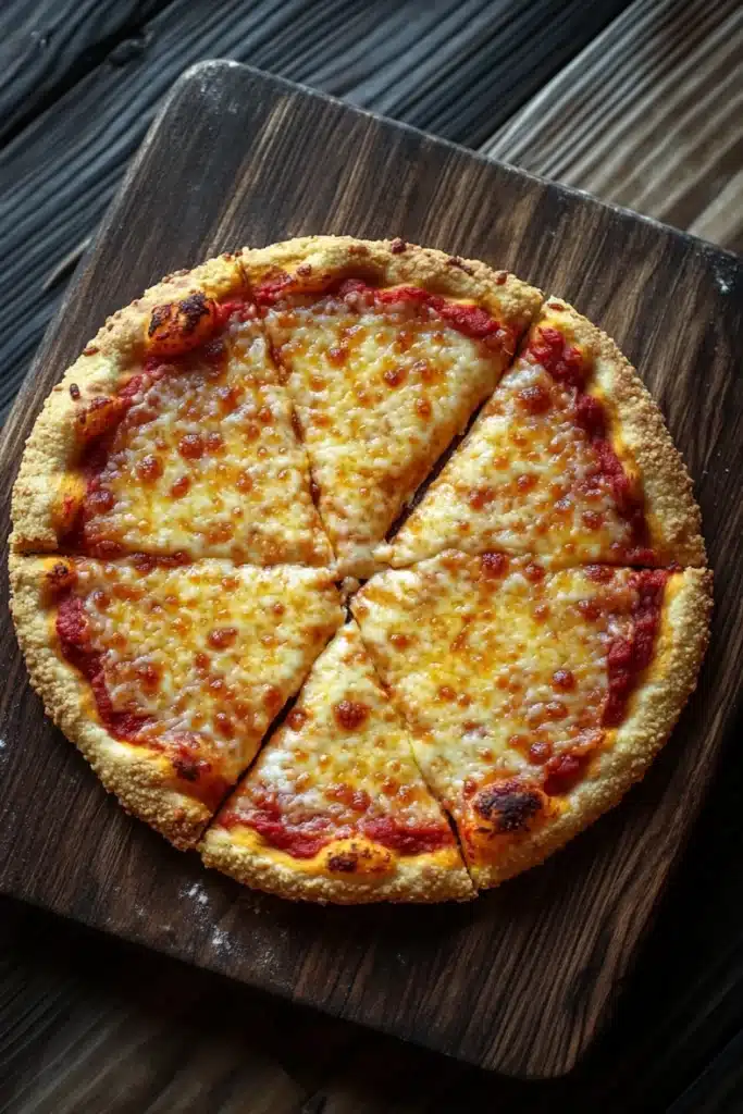 Keto pizza crust gluten free - the image shows a round pizza on a wooden cutting board. the pizza has a golden brown crust and is topped with melted cheese and red sauce. the cheese is melted and bubbly, and the sauce appears to be tomato-based. the cutting board is placed on a dark wooden table. the background is blurred, making the pizza the focal point of the image.