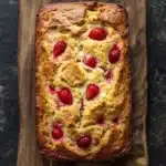Keto strawberry bread - the image shows a freshly baked loaf of bread on a wooden cutting board. the bread appears to be golden brown in color and has a crumbly texture on top. it is topped with fresh strawberries, giving it a bright red color. the cutting board is placed on a dark grey textured surface. the overall mood of the image is rustic and appetizing.