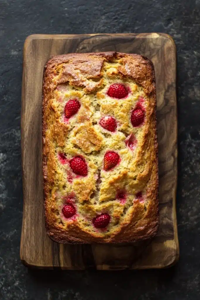 Keto strawberry bread - the image shows a freshly baked loaf of bread on a wooden cutting board. the bread appears to be golden brown in color and has a crumbly texture on top. it is topped with fresh strawberries, giving it a bright red color. the cutting board is placed on a dark grey textured surface. the overall mood of the image is rustic and appetizing.