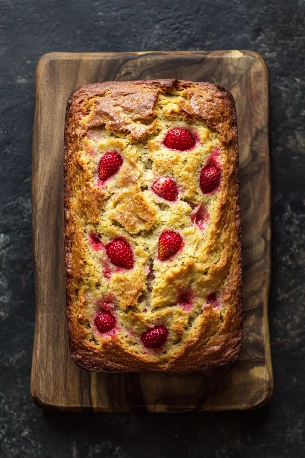 Keto strawberry bread - the image shows a freshly baked loaf of bread on a wooden cutting board. the bread appears to be golden brown in color and has a crumbly texture on top. it is topped with fresh strawberries, giving it a bright red color. the cutting board is placed on a dark grey textured surface. the overall mood of the image is rustic and appetizing.
