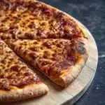 King arthur gluten free pizza crust - the image shows a large pizza on a wooden cutting board. the pizza has a golden brown crust and is topped with melted cheese and tomato sauce. there are six slices of the pizza arranged in a circular pattern on the cutting board, with the largest slice in the center and the smaller ones on either side. in the background, there is a small bowl of sauce and a jar of condiments. the cutting board is placed on a dark countertop.