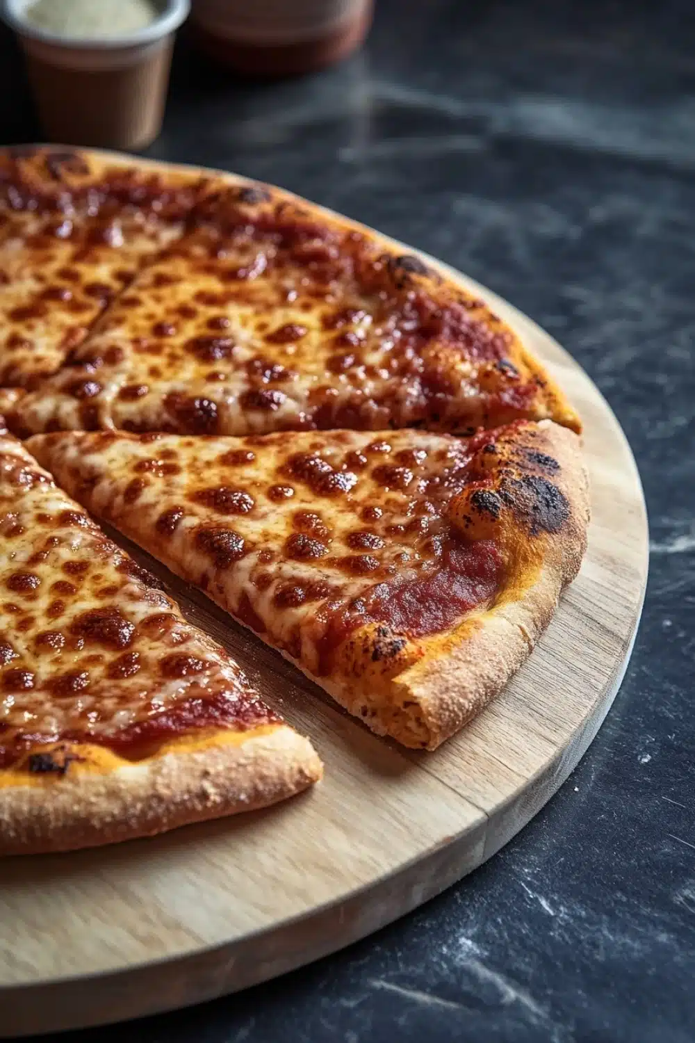 King arthur gluten free pizza crust - the image shows a large pizza on a wooden cutting board. the pizza has a golden brown crust and is topped with melted cheese and tomato sauce. there are six slices of the pizza arranged in a circular pattern on the cutting board, with the largest slice in the center and the smaller ones on either side. in the background, there is a small bowl of sauce and a jar of condiments. the cutting board is placed on a dark countertop.