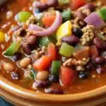 Lauras slow cooker turkey chili - the image is a close-up of a bowl of chili. the bowl is made of terracotta and is sitting on a dark blue table. the chili is a rich orange color and appears to be thick and hearty. it is filled with various ingredients such as beans, red onions, yellow bell peppers, and black beans. there are also chunks of ground beef scattered throughout the dish. the colors of the ingredients are vibrant and the dish looks appetizing.