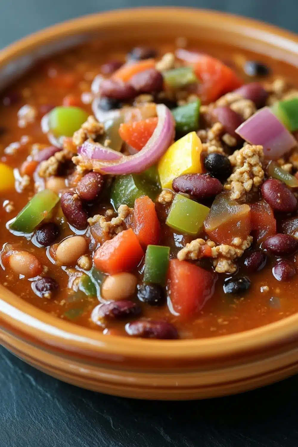 Lauras slow cooker turkey chili - the image is a close-up of a bowl of chili. the bowl is made of terracotta and is sitting on a dark blue table. the chili is a rich orange color and appears to be thick and hearty. it is filled with various ingredients such as beans, red onions, yellow bell peppers, and black beans. there are also chunks of ground beef scattered throughout the dish. the colors of the ingredients are vibrant and the dish looks appetizing.