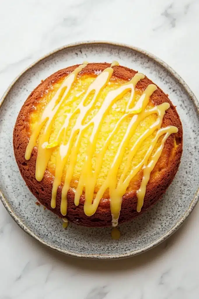 Lemon cake with lemon drizzle - the image shows a round cake on a gray plate with a white marble countertop. the cake appears to be a bundt cake with a golden brown crust and a drizzle of yellow icing on top. the icing is dripping down the sides of the cake, creating a smooth and glossy texture. the plate is round and has a speckled pattern around the edges. the background is blurred, making the cake the focal point of the image.