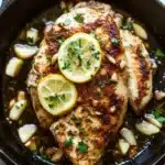 Lemon chicken in cast iron skillet - the image shows a black cast iron skillet with two pieces of grilled chicken in it. the chicken is golden brown and appears to be seasoned with herbs and spices. there are two lemon wedges on top of the chicken, one on each side, and a sprinkle of chopped nuts on the side. the skillet is sitting on a white marble countertop.