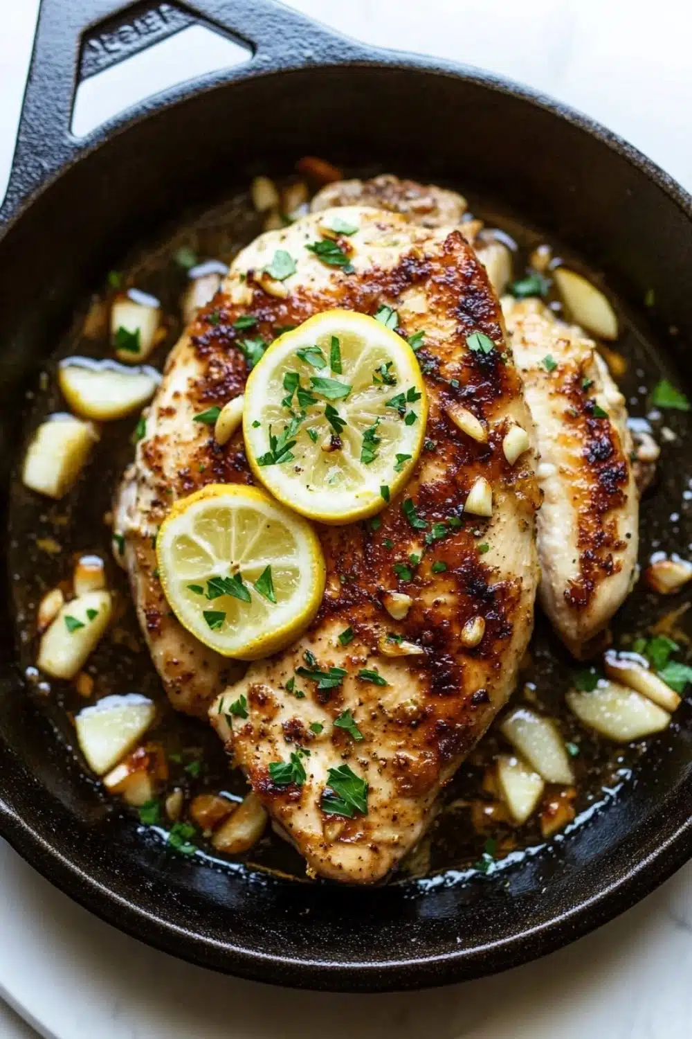 Lemon chicken in cast iron skillet - the image shows a black cast iron skillet with two pieces of grilled chicken in it. the chicken is golden brown and appears to be seasoned with herbs and spices. there are two lemon wedges on top of the chicken, one on each side, and a sprinkle of chopped nuts on the side. the skillet is sitting on a white marble countertop.