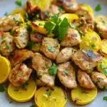 Lemon chicken squash skillet - the image shows a plate of grilled chicken with lemon wedges. the chicken is golden brown and appears to be seasoned with herbs and spices. the plate is light blue with a speckled pattern and is placed on a wooden table. there are also a few sprigs of parsley scattered around the plate. the overall appearance of the dish is fresh and appetizing.