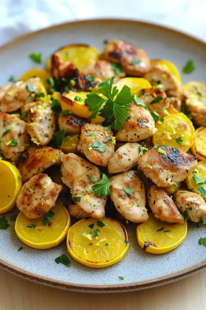 Lemon chicken squash skillet - the image shows a plate of grilled chicken with lemon wedges. the chicken is golden brown and appears to be seasoned with herbs and spices. the plate is light blue with a speckled pattern and is placed on a wooden table. there are also a few sprigs of parsley scattered around the plate. the overall appearance of the dish is fresh and appetizing.
