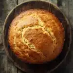 Lemon muffin bread - the image is a close-up of a round loaf of bread on a wooden plate. the bread appears to be freshly baked and has a golden brown crust on top. the plate is made of dark wood and is placed on a rustic wooden table. the background is blurred, making the bread the focal point of the image. the lighting is soft and natural, highlighting the bread's texture and color.