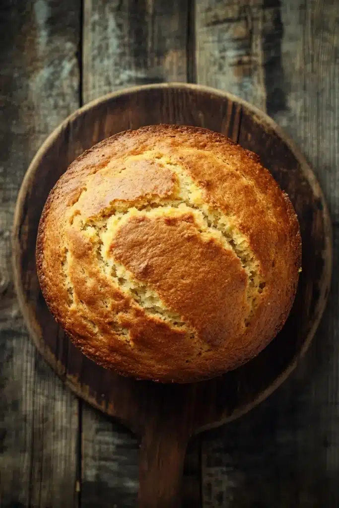 Lemon muffin bread - the image is a close-up of a round loaf of bread on a wooden plate. the bread appears to be freshly baked and has a golden brown crust on top. the plate is made of dark wood and is placed on a rustic wooden table. the background is blurred, making the bread the focal point of the image. the lighting is soft and natural, highlighting the bread's texture and color.