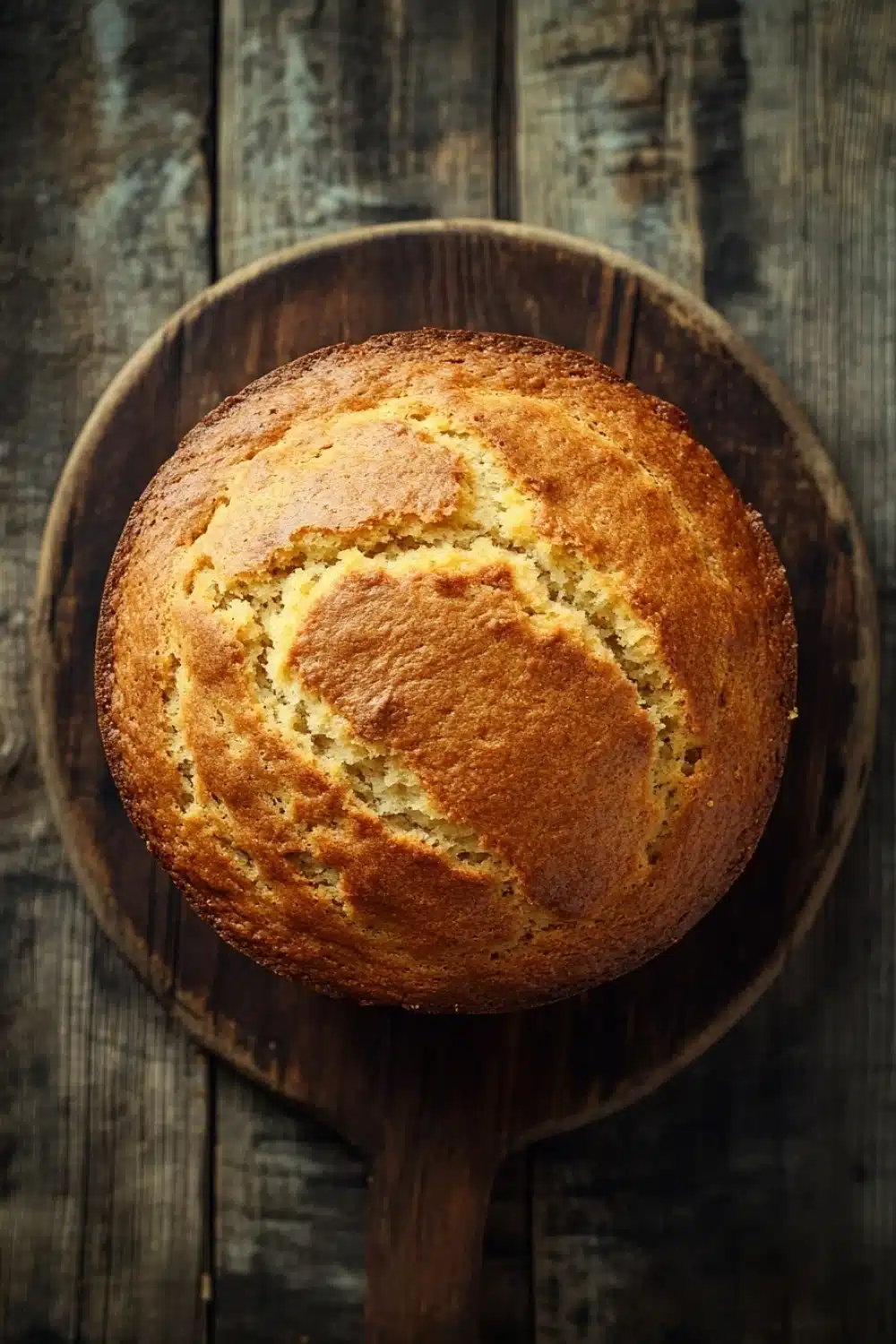 Lemon muffin bread - the image is a close-up of a round loaf of bread on a wooden plate. the bread appears to be freshly baked and has a golden brown crust on top. the plate is made of dark wood and is placed on a rustic wooden table. the background is blurred, making the bread the focal point of the image. the lighting is soft and natural, highlighting the bread's texture and color.