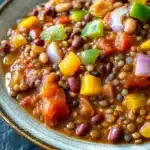 Lentil chili slow cooker - the image is a close-up of a bowl of chili. the chili appears to be made with lentils, beans, and various vegetables such as bell peppers, onions, and mushrooms. the colors of the ingredients are vibrant and the dish looks hearty and appetizing. the bowl is made of ceramic and has a blue rim. the background is a dark blue countertop.