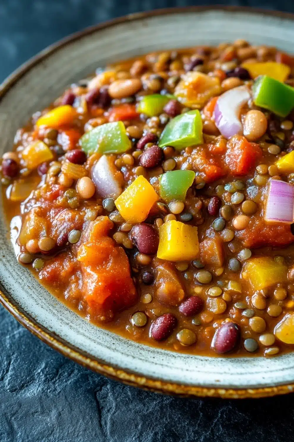 Lentil chili slow cooker - the image is a close-up of a bowl of chili. the chili appears to be made with lentils, beans, and various vegetables such as bell peppers, onions, and mushrooms. the colors of the ingredients are vibrant and the dish looks hearty and appetizing. the bowl is made of ceramic and has a blue rim. the background is a dark blue countertop.