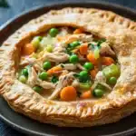 Low calorie chicken pot pie - the image is of a freshly baked chicken pot pie on a dark grey plate. the pie has a golden brown crust and is filled with chunks of chicken, carrots, peas, and green onions. the dish is garnished with fresh cilantro leaves. the background is blurred, but it appears to be a kitchen countertop with a few sprigs of parsley scattered around.