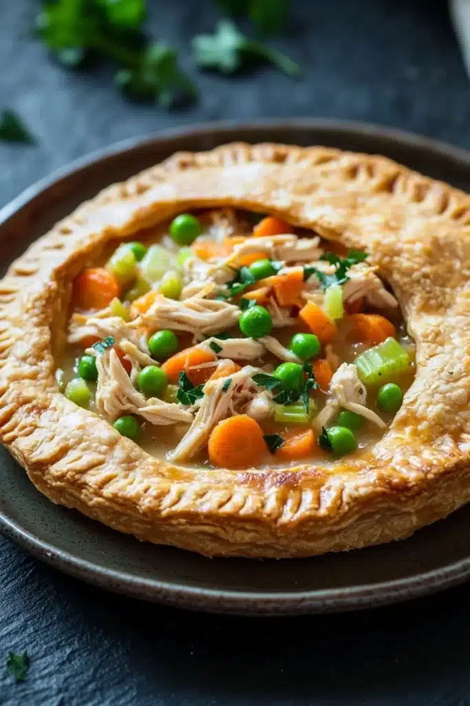 Low calorie chicken pot pie - the image is of a freshly baked chicken pot pie on a dark grey plate. the pie has a golden brown crust and is filled with chunks of chicken, carrots, peas, and green onions. the dish is garnished with fresh cilantro leaves. the background is blurred, but it appears to be a kitchen countertop with a few sprigs of parsley scattered around.