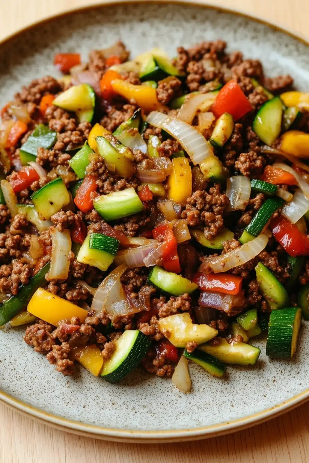 Low carb ground beef for dinner - the image is a close-up of a plate of food. the plate is round and has a light blue rim. the food appears to be a stir-fry with ground beef, sliced zucchini, red and yellow bell peppers, and sliced onions. the ground beef is dark brown and looks crispy on the outside. the vegetables are arranged in a colorful and appetizing manner, with some overlapping each other. the colors of the vegetables are vibrant and the dish looks fresh and ready to eat.