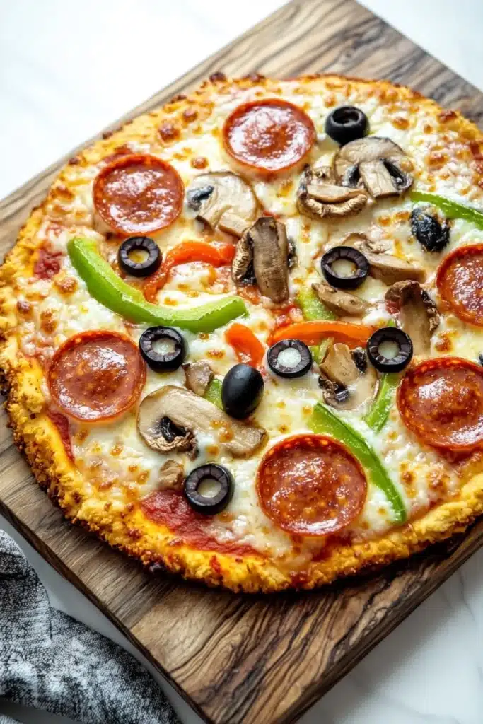 Low carb keto chicken crust pizza - the image is of a freshly baked pizza on a wooden cutting board. the pizza is round and has a golden brown crust. it is topped with melted cheese, sliced mushrooms, pepperoni, green bell peppers, and black olives. the toppings are arranged in a circular pattern on top of the cheese. the cutting board is placed on a white marble countertop with a gray and white striped napkin next to it.