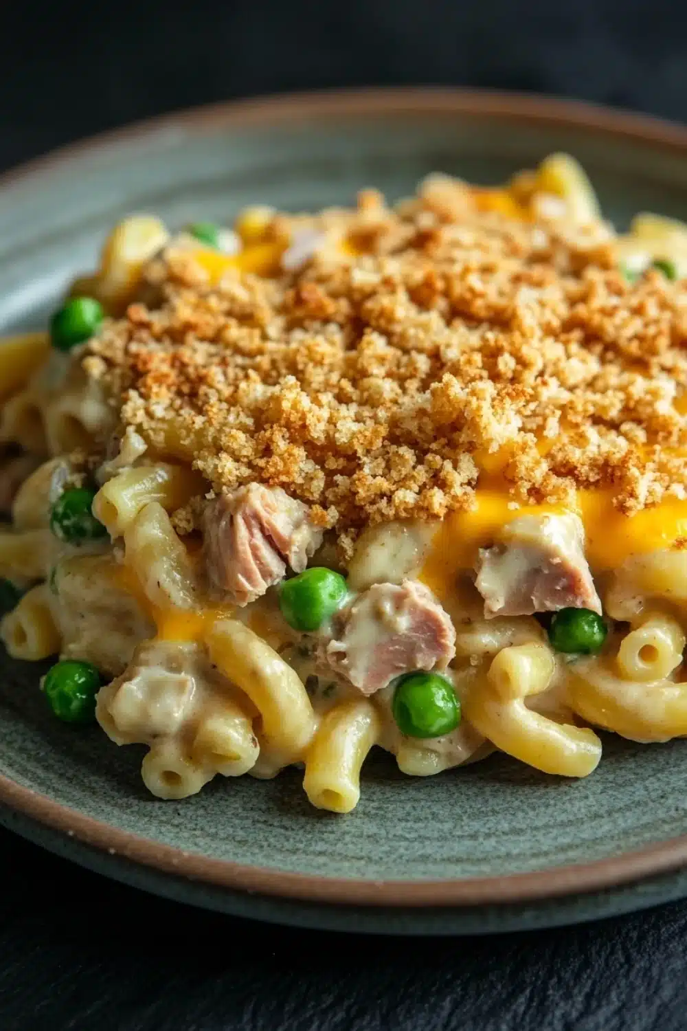 Lowfat tuna casserole - the image shows a plate of macaroni and cheese dish. the dish is served on a gray plate with a dark background. the top of the dish is covered in a crumbly, golden-brown breadcrumb topping, which appears to be a type of breadcrumbs. the cheese is melted and bubbly, and there are small chunks of ham and peas scattered throughout the dish. there are also a few green peas on the plate, adding a pop of color to the plate.