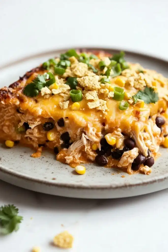 Make ahead chicken taco casserole - the image shows a slice of chicken enchilada casserole on a gray plate. the dish is made with shredded chicken, black beans, corn kernels, and crumbled cheese. the chicken is cooked to a golden brown color and appears to be seasoned with herbs and spices. the cheese is melted and bubbly, and there are small pieces of green onions scattered on top. the plate is garnished with a sprig of cilantro. the background is white, and the overall color scheme of the dish is warm and inviting.