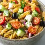 Make ahead italian pasta salad - the image is a close-up of a bowl of pasta salad. the bowl is made of ceramic and has a speckled pattern. the pasta is fusilli, which is a type of spiral-shaped pasta, and is mixed with various vegetables such as sliced tomatoes, cucumbers, red onions, and black olives. the vegetables are arranged in a colorful and appetizing manner, with some of them overlapping each other. there are also some fresh cilantro leaves scattered throughout the salad, adding a pop of green color to the dish. the background is a white marble countertop.