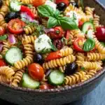 Make ahead pasta for camping - the image is a close-up of a bowl of pasta salad. the bowl is made of ceramic and is placed on a dark grey countertop. the pasta salad is made up of spiral pasta, cherry tomatoes, black olives, sliced cucumbers, red onions, and basil leaves. there is also a dollop of white cheese on top of the pasta. the salad appears to be freshly prepared and ready to eat.