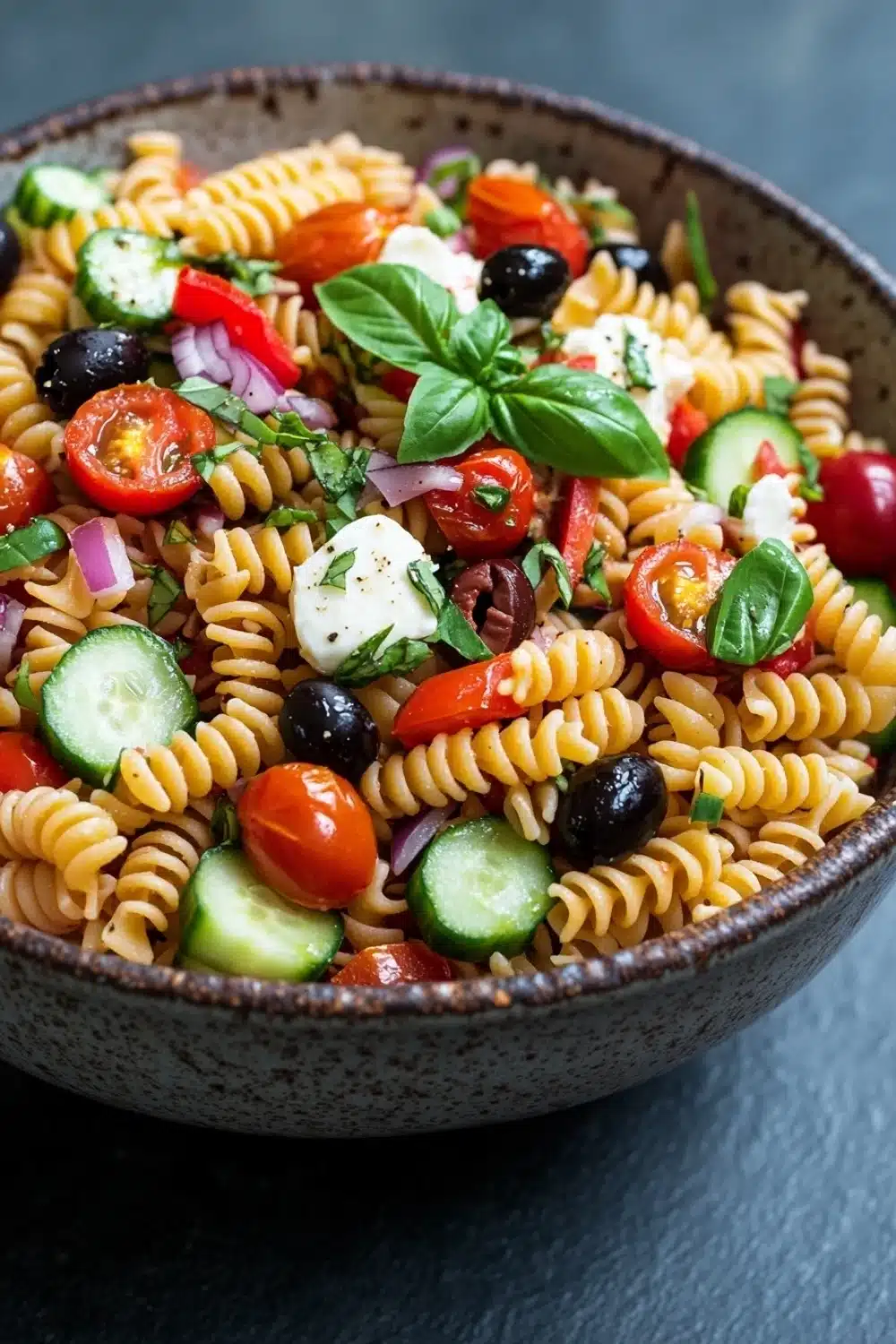 Make ahead pasta for camping - the image is a close-up of a bowl of pasta salad. the bowl is made of ceramic and is placed on a dark grey countertop. the pasta salad is made up of spiral pasta, cherry tomatoes, black olives, sliced cucumbers, red onions, and basil leaves. there is also a dollop of white cheese on top of the pasta. the salad appears to be freshly prepared and ready to eat.