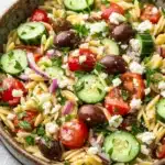 Mediterranean pasta salad with orzo - the image is a close-up of a bowl of pasta salad. the bowl is made of ceramic and is placed on a white tablecloth. the pasta salad is made up of fusilli, cherry tomatoes, cucumbers, red onions, and feta cheese. the tomatoes are cut into small cubes and are arranged in a colorful and appetizing manner. the cucumbers are sliced and the red onions are sliced into thin strips. the feta is crumbled and scattered throughout the salad, adding a creamy texture. there are also some fresh herbs and cilantro scattered throughout. the overall color scheme of the dish is bright and vibrant, with shades of red, green, and yellow.