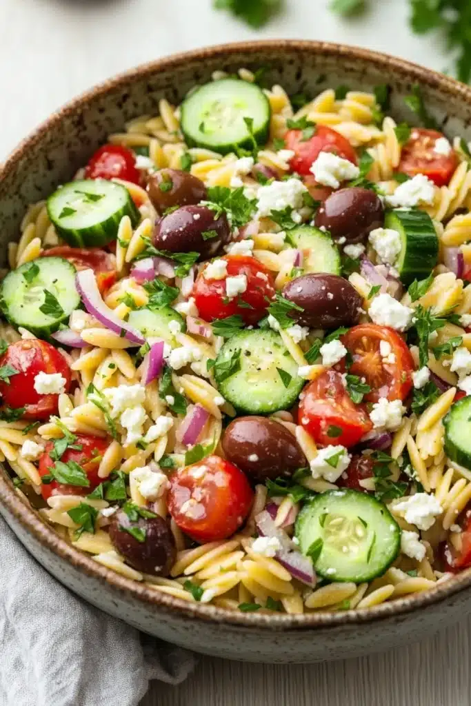 Mediterranean pasta salad with orzo - the image is a close-up of a bowl of pasta salad. the bowl is made of ceramic and is placed on a white tablecloth. the pasta salad is made up of fusilli, cherry tomatoes, cucumbers, red onions, and feta cheese. the tomatoes are cut into small cubes and are arranged in a colorful and appetizing manner. the cucumbers are sliced and the red onions are sliced into thin strips. the feta is crumbled and scattered throughout the salad, adding a creamy texture. there are also some fresh herbs and cilantro scattered throughout. the overall color scheme of the dish is bright and vibrant, with shades of red, green, and yellow.