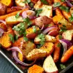 Mexican roasted root vegetables - the image shows a baking tray filled with roasted sweet potatoes and carrots. the potatoes are golden brown and appear to be seasoned with herbs and spices. the carrots are cut into small cubes and are arranged in a single layer on the tray. there are also sliced red onions and cilantro scattered throughout the dish. the tray is lined with parchment paper and is placed on a dark grey countertop. the overall appearance of the dish is fresh and appetizing.