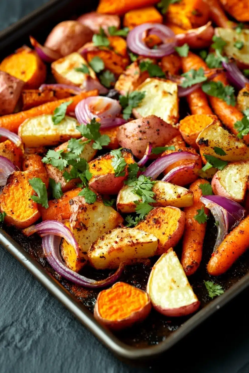 Mexican roasted root vegetables - the image shows a baking tray filled with roasted sweet potatoes and carrots. the potatoes are golden brown and appear to be seasoned with herbs and spices. the carrots are cut into small cubes and are arranged in a single layer on the tray. there are also sliced red onions and cilantro scattered throughout the dish. the tray is lined with parchment paper and is placed on a dark grey countertop. the overall appearance of the dish is fresh and appetizing.