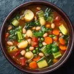 Minestrone soup classic - the image is a close-up of a bowl of soup. the soup appears to be made with white beans, carrots, celery, and other vegetables. the bowl is made of dark brown ceramic and is placed on a dark grey textured surface. there are also some sprigs of parsley scattered throughout the soup, adding a pop of green color to the dish. the broth is a light brown color and looks thick and creamy.