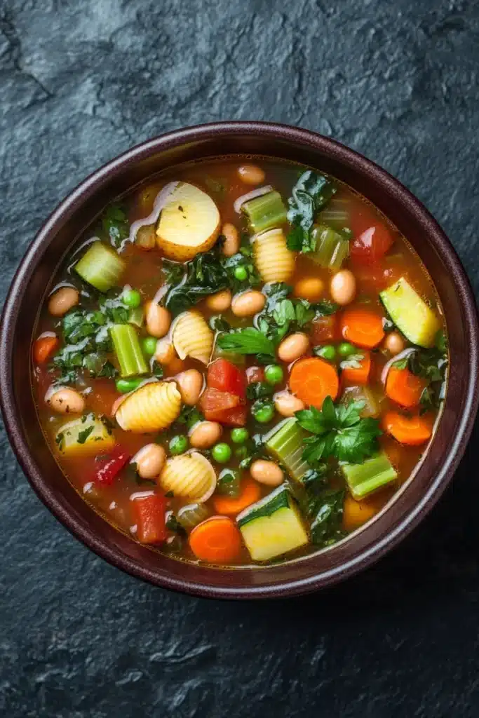 Minestrone soup classic - the image is a close-up of a bowl of soup. the soup appears to be made with white beans, carrots, celery, and other vegetables. the bowl is made of dark brown ceramic and is placed on a dark grey textured surface. there are also some sprigs of parsley scattered throughout the soup, adding a pop of green color to the dish. the broth is a light brown color and looks thick and creamy.
