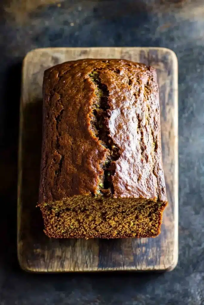 Moist pumpkin zucchini bread - the image shows a loaf of bread on a wooden cutting board. the bread appears to be freshly baked and has a golden brown crust on top. it has a crumbly texture and is filled with zucchini seeds. the cutting board is placed on a dark textured surface, possibly a table or countertop. the background is blurred, making the bread the focal point of the image.
