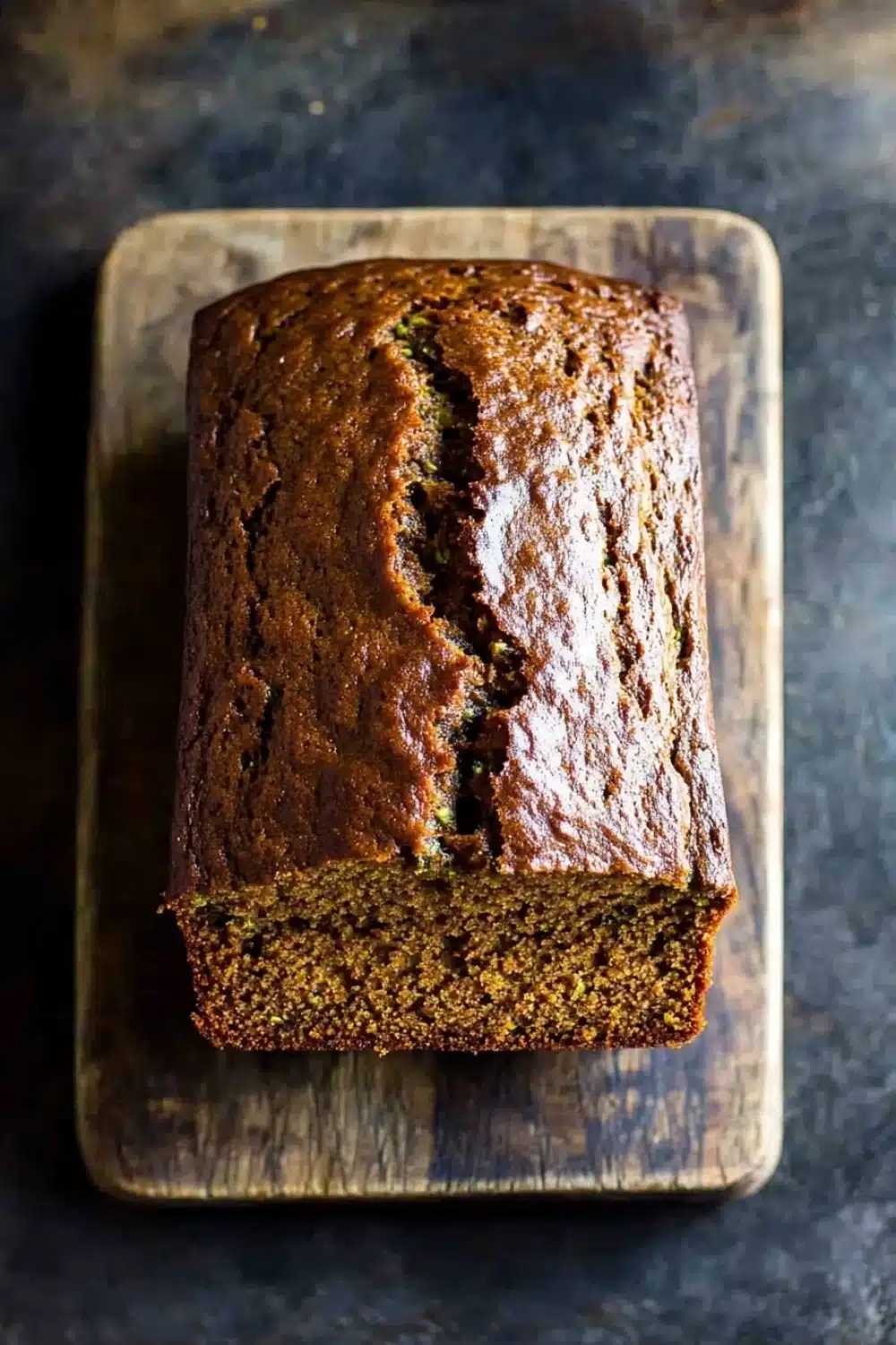 Moist pumpkin zucchini bread - the image shows a loaf of bread on a wooden cutting board. the bread appears to be freshly baked and has a golden brown crust on top. it has a crumbly texture and is filled with zucchini seeds. the cutting board is placed on a dark textured surface, possibly a table or countertop. the background is blurred, making the bread the focal point of the image.