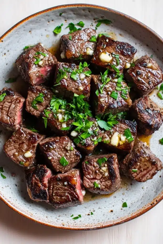 My incredible juicy garlic butter steak bites - the image is a close-up of a plate of food. the plate is made of ceramic and has a light brown color with a speckled texture. on top of the plate, there are several pieces of cooked steak, which appear to be medium-rare and have a dark brown color. the steak is garnished with chopped parsley and a drizzle of white sauce. the sauce is drizzled over the steak, giving it a glossy sheen. the dish looks appetizing and ready to eat.