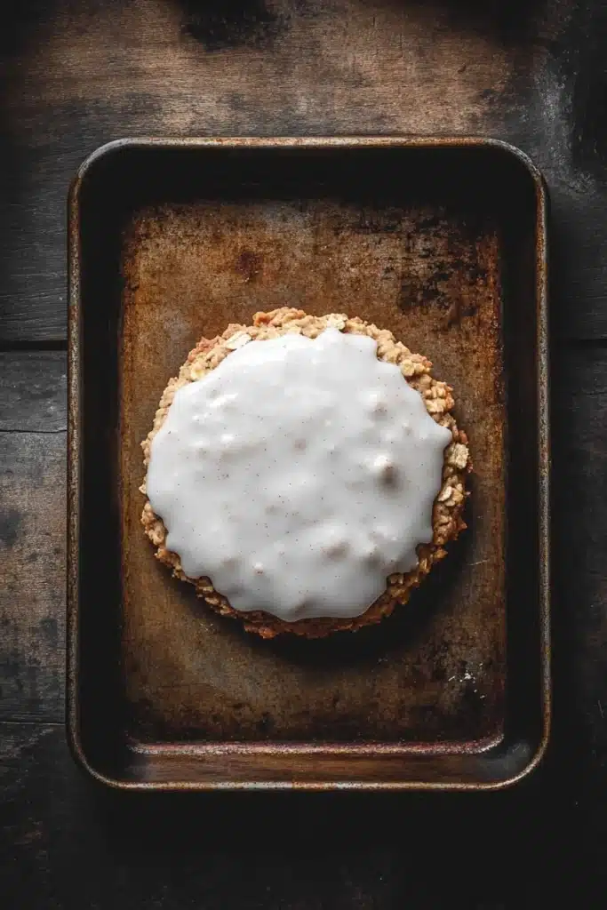 Oatmeal cookie glaze - the image shows a square baking tray with a dessert on it. the dessert appears to be a round, golden-brown crust with a crumbly texture. on top of the crust, there is a layer of white icing that is drizzled over the top. the icing is smooth and shiny, and it looks like it has been freshly baked. the tray is placed on a dark wooden surface, and the background is blurred, making the dessert the focal point of the image.