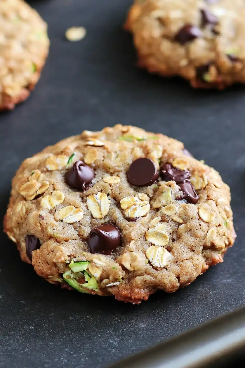 Oatmeal zucchini chocolate chip cookie - the image shows a close-up of a freshly baked oatmeal cookie on a black baking tray. the cookie is round and golden brown in color, with chunks of chocolate and nuts scattered throughout. it appears to be soft and chewy, with a slightly crumbly texture. in the background, there are more cookies, but they are slightly blurred. the tray is lined with parchment paper, and there is a metal spatula resting on the right side of the image.