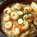 Olive garden shrimp scampi with angel hair pasta - the image shows a bowl of spaghetti with shrimp and lemon wedges. the spaghetti is cooked al dente and is garnished with chopped parsley. the shrimp are large and pink, and they are arranged in a circular pattern on top of the spaghetti. there are also small cubes of butter scattered throughout the dish. the bowl is made of wood and is sitting on a wooden table with a gray napkin on the side. in the background, there are two lemons and a sprig of parsley, adding a pop of green color to the image.