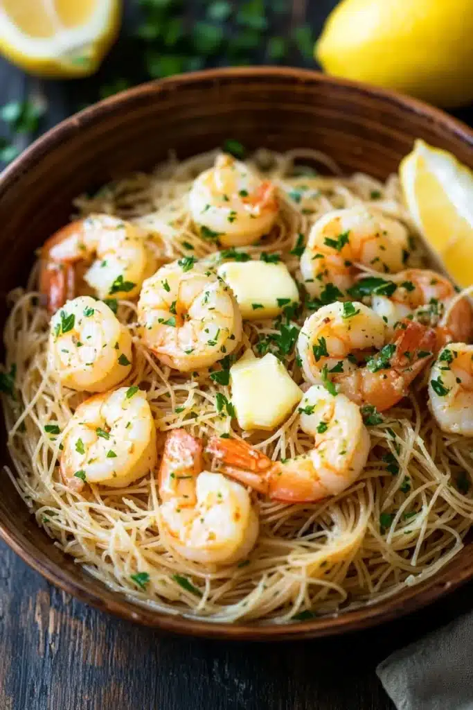Olive garden shrimp scampi with angel hair pasta - the image shows a bowl of spaghetti with shrimp and lemon wedges. the spaghetti is cooked al dente and is garnished with chopped parsley. the shrimp are large and pink, and they are arranged in a circular pattern on top of the spaghetti. there are also small cubes of butter scattered throughout the dish. the bowl is made of wood and is sitting on a wooden table with a gray napkin on the side. in the background, there are two lemons and a sprig of parsley, adding a pop of green color to the image.