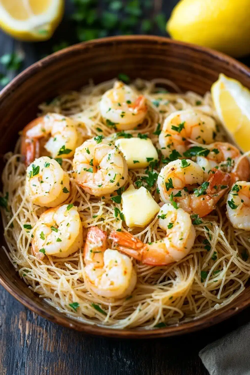 Olive garden shrimp scampi with angel hair pasta - the image shows a bowl of spaghetti with shrimp and lemon wedges. the spaghetti is cooked al dente and is garnished with chopped parsley. the shrimp are large and pink, and they are arranged in a circular pattern on top of the spaghetti. there are also small cubes of butter scattered throughout the dish. the bowl is made of wood and is sitting on a wooden table with a gray napkin on the side. in the background, there are two lemons and a sprig of parsley, adding a pop of green color to the image.