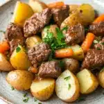 One pot beef potatoes - the image is a close-up of a plate of food. the plate is made of light-colored ceramic and has a speckled texture. on top of the plate, there are chunks of beef, carrots, and potatoes. the beef appears to be cooked medium-rare and is garnished with chopped parsley. the potatoes are yellow and appear to be seasoned with herbs and spices. the carrots are bright orange and are cut into small cubes. the dish is served on a white marble countertop.