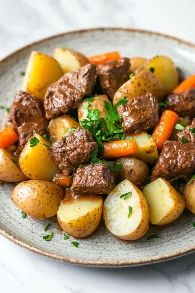 One pot beef potatoes - the image is a close-up of a plate of food. the plate is made of light-colored ceramic and has a speckled texture. on top of the plate, there are chunks of beef, carrots, and potatoes. the beef appears to be cooked medium-rare and is garnished with chopped parsley. the potatoes are yellow and appear to be seasoned with herbs and spices. the carrots are bright orange and are cut into small cubes. the dish is served on a white marble countertop.