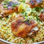 One pot chicken lemon rice - the image shows a plate of cooked chicken and rice. the chicken is golden brown and appears to be seasoned with herbs and spices. the rice is a mix of yellow and white, and there are small pieces of lemon scattered throughout the dish. the plate is made of a light-colored ceramic or porcelain and is sitting on a wooden table. the background is blurred, but it seems to be a kitchen countertop.
