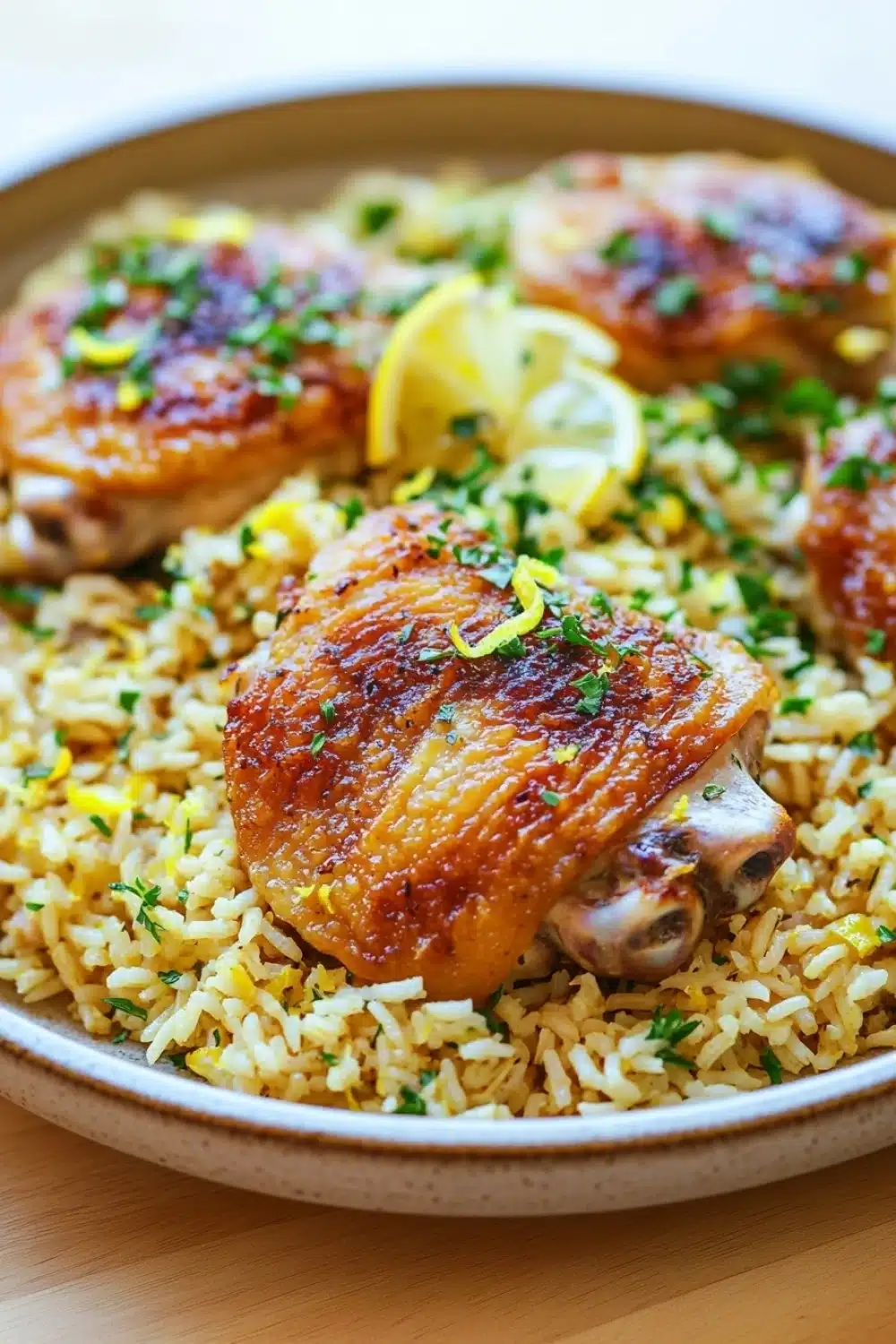 One pot chicken lemon rice - the image shows a plate of cooked chicken and rice. the chicken is golden brown and appears to be seasoned with herbs and spices. the rice is a mix of yellow and white, and there are small pieces of lemon scattered throughout the dish. the plate is made of a light-colored ceramic or porcelain and is sitting on a wooden table. the background is blurred, but it seems to be a kitchen countertop.