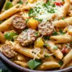 One pot chicken sausage cajun pasta - the image is a close-up of a bowl of pasta dish. the pasta appears to be penne, which is a type of penne pasta. it is cooked al dente and is topped with chunks of sausage, diced bell peppers, and grated cheese. the dish is garnished with chopped parsley. the bowl is made of dark brown ceramic and is sitting on a dark surface. the background is blurred, making the pasta the focal point of the image.