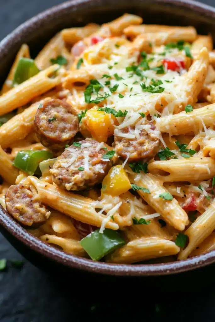 One pot chicken sausage cajun pasta - the image is a close-up of a bowl of pasta dish. the pasta appears to be penne, which is a type of penne pasta. it is cooked al dente and is topped with chunks of sausage, diced bell peppers, and grated cheese. the dish is garnished with chopped parsley. the bowl is made of dark brown ceramic and is sitting on a dark surface. the background is blurred, making the pasta the focal point of the image.