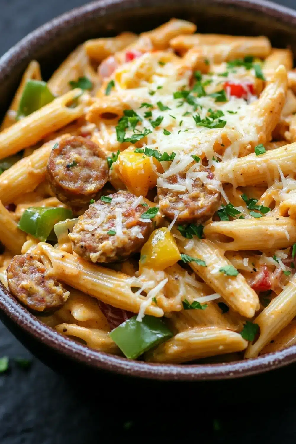 One pot chicken sausage cajun pasta - the image is a close-up of a bowl of pasta dish. the pasta appears to be penne, which is a type of penne pasta. it is cooked al dente and is topped with chunks of sausage, diced bell peppers, and grated cheese. the dish is garnished with chopped parsley. the bowl is made of dark brown ceramic and is sitting on a dark surface. the background is blurred, making the pasta the focal point of the image.